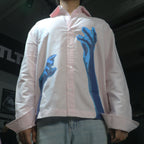 Model wearing the PVTLTD* Keep Your Hands Off Me pink striped shirt, boxy cropped fit, size S