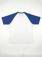 Blue Raglan Tee back flat lay, plain white body with royal blue raglan sleeves, PVTLTD*