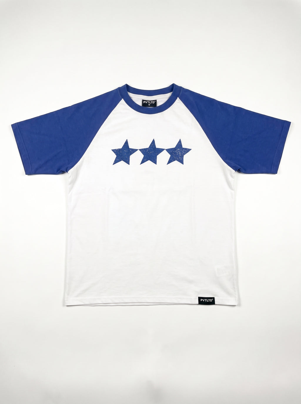 Blue Raglan Tee front flat lay, royal blue sleeves, PVTLTD* neck label and three-star print