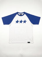 Blue Raglan Tee front flat lay, royal blue sleeves, PVTLTD* neck label and three-star print