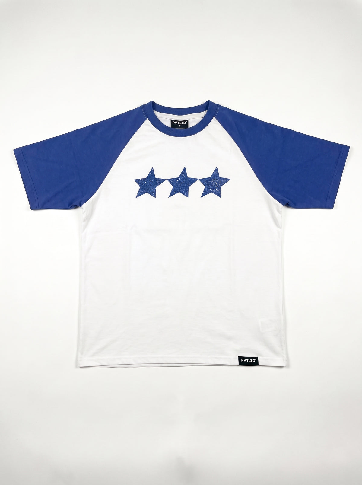 Blue Raglan Tee front flat lay, royal blue sleeves, PVTLTD* neck label and three-star print