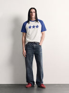 PVTLTD* Blue Raglan Tee, men's off-white tee with royal blue raglan sleeves, front on model
