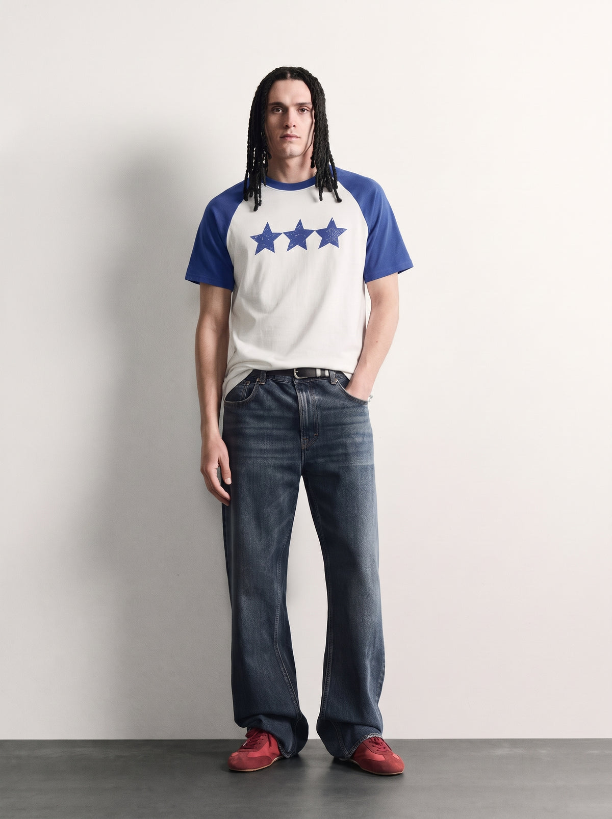 PVTLTD* Blue Raglan Tee, men's off-white tee with royal blue raglan sleeves, front on model