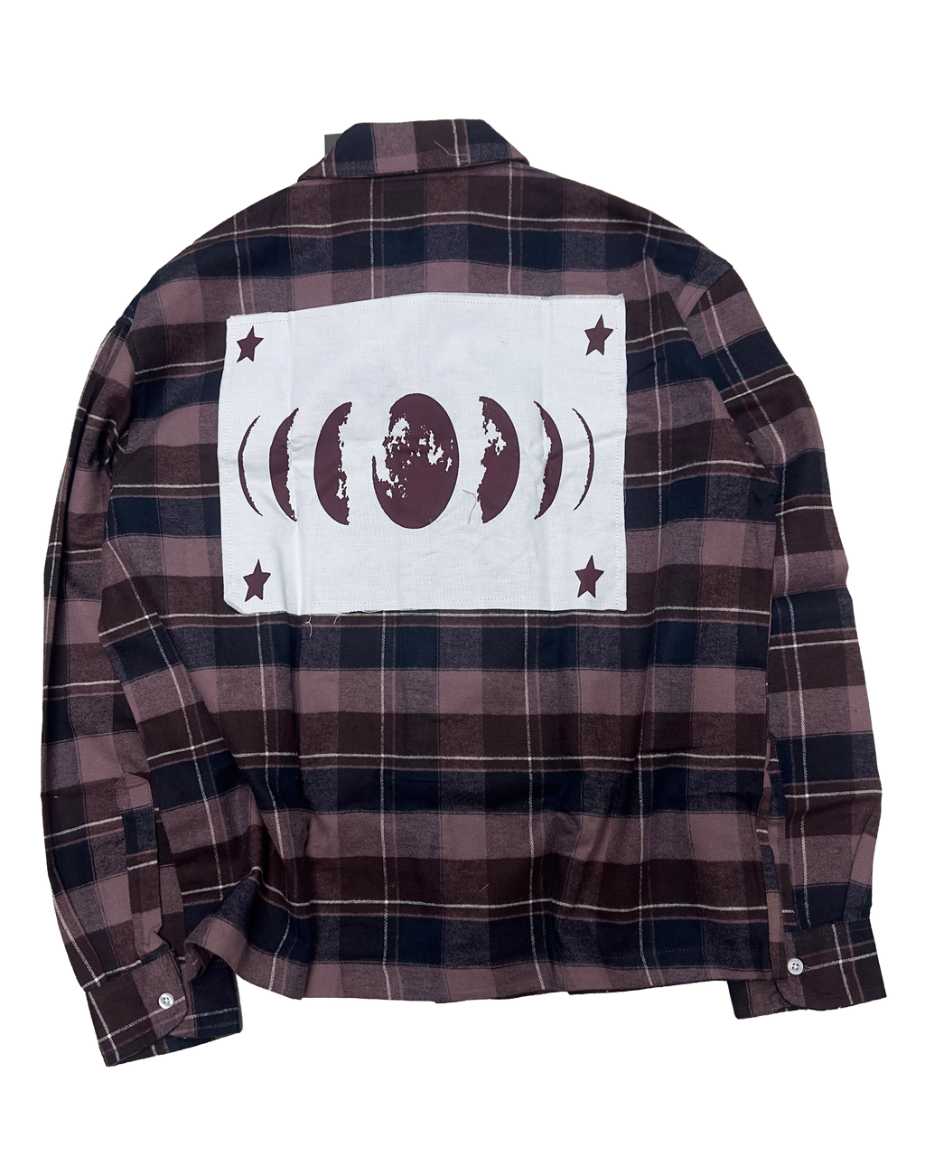 Cosmic Flannel, back view with the moon-phase patch framed by four stars
