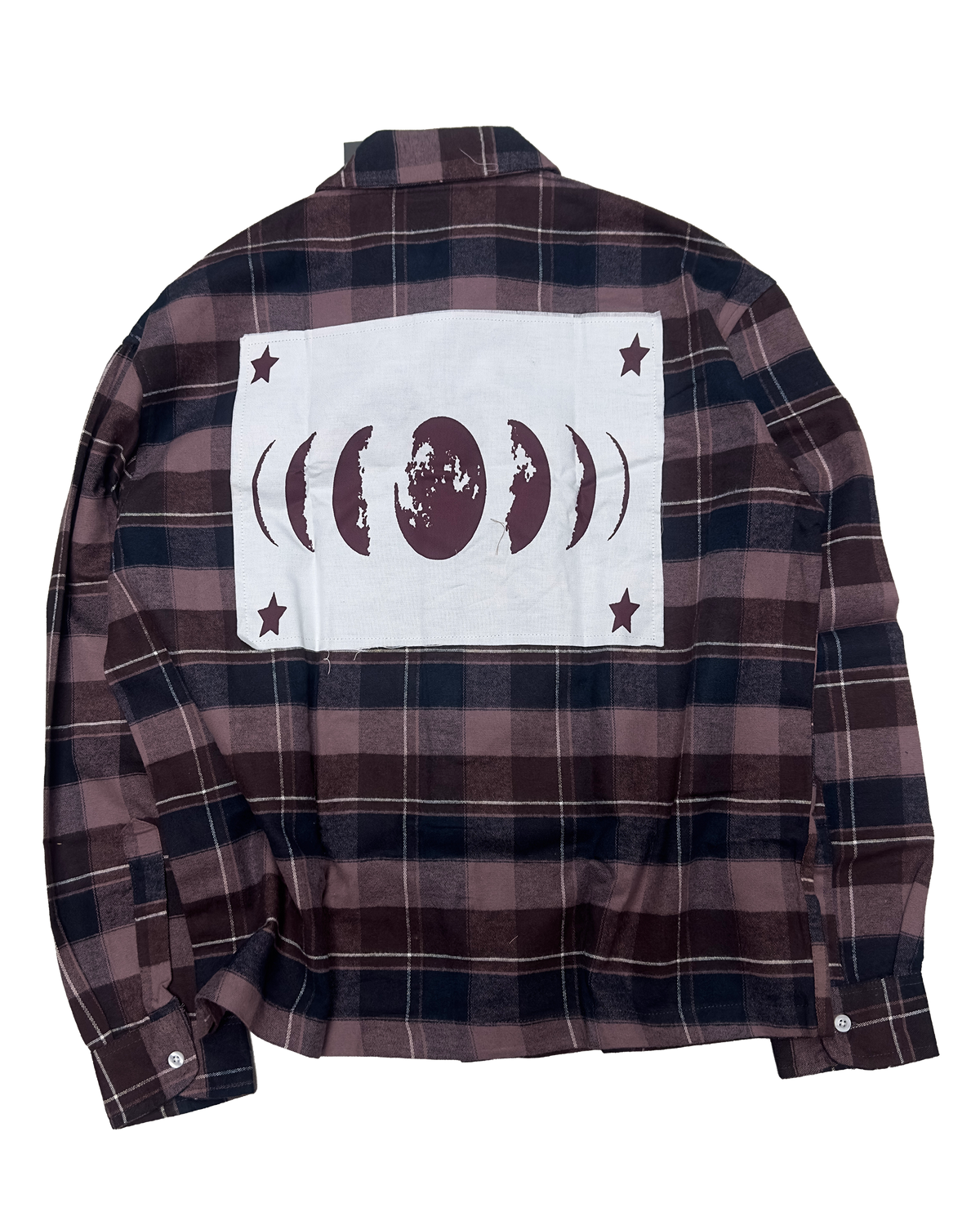 Cosmic Flannel, back view with the moon-phase patch framed by four stars