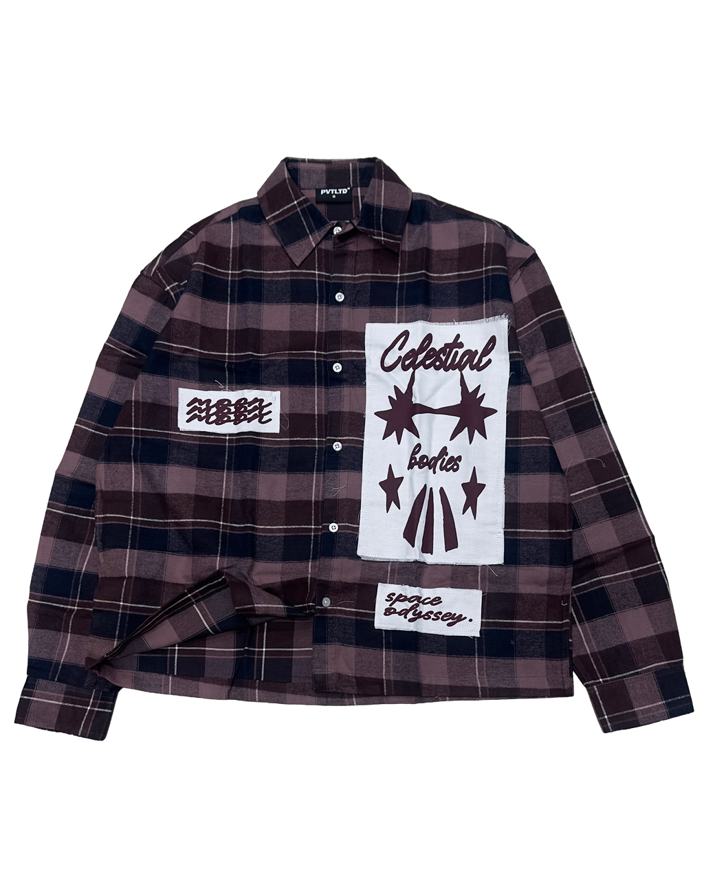 PVTLTD* Cosmic Flannel, burgundy and black check flannel with celestial patches, front view