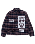 PVTLTD* Cosmic Flannel, burgundy and black check flannel with celestial patches, front view