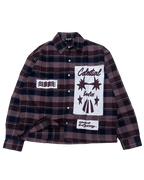 PVTLTD* Cosmic Flannel, burgundy and black check flannel with celestial patches, front view