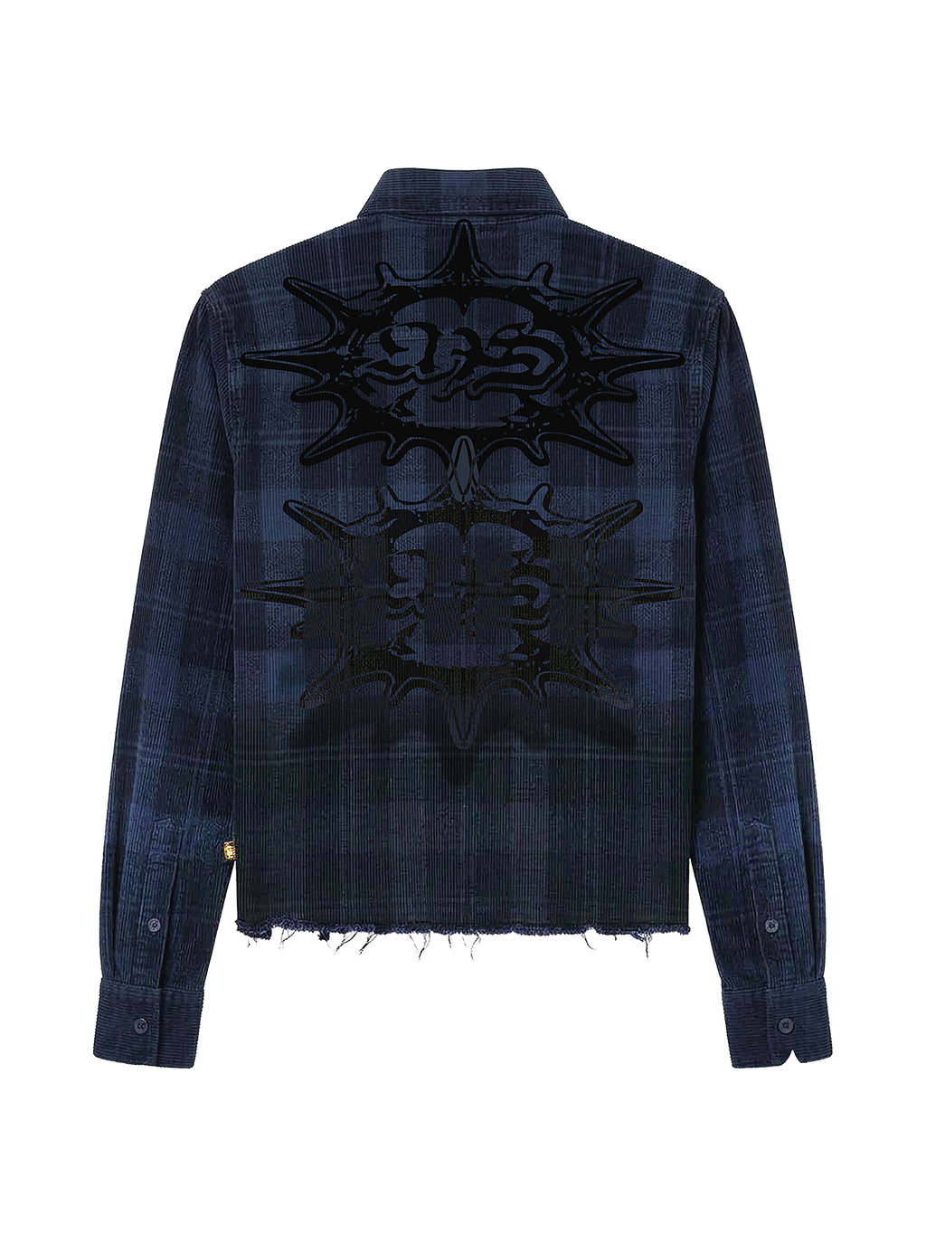 Himalayan Biker Corduroy Shirt back flat lay, twin sun mandala print and raw-cut hem