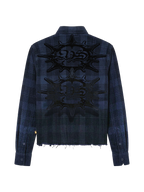 Himalayan Biker Corduroy Shirt back flat lay, twin sun mandala print and raw-cut hem