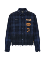 Himalayan Biker Corduroy Shirt front flat lay, Om and PVTLTD* WORLDWIDE chest graphics