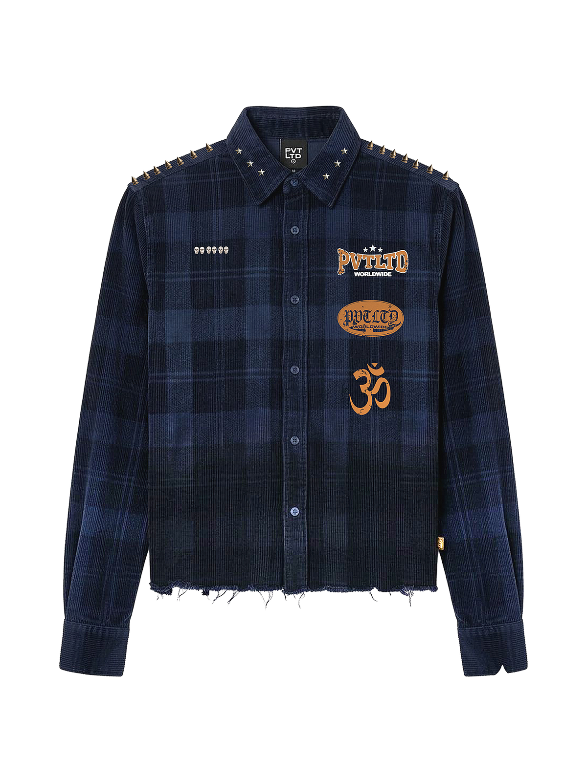 Himalayan Biker Corduroy Shirt front flat lay, Om and PVTLTD* WORLDWIDE chest graphics