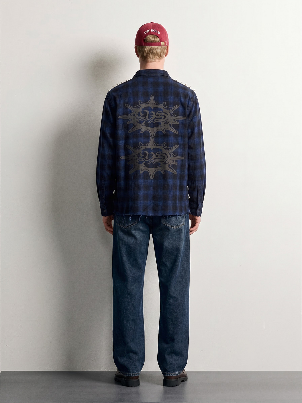 Himalayan Biker Corduroy Shirt back on model, twin sun mandala print, PVTLTD*