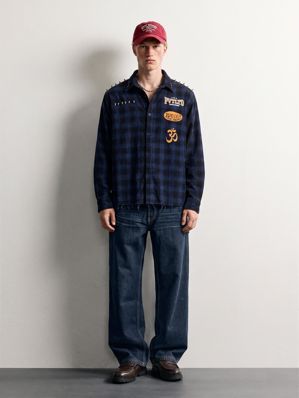 PVTLTD* Himalayan Biker Corduroy Shirt, navy check corduroy with spike studs, front on model