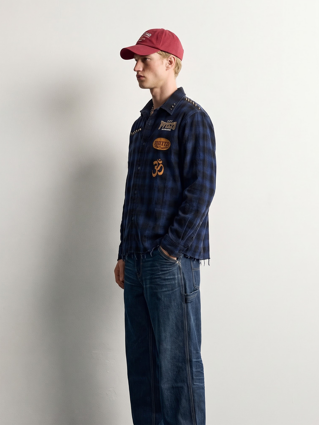 PVTLTD* Himalayan Biker Corduroy Shirt styled open with baggy denim, side view