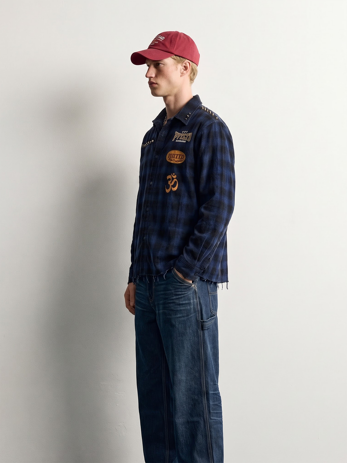 PVTLTD* Himalayan Biker Corduroy Shirt styled open with baggy denim, side view