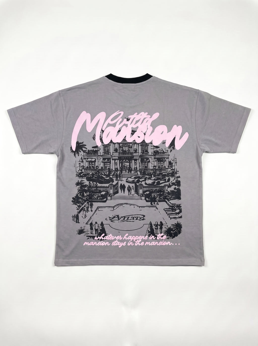 Mansion Tee back flat lay, whatever happens in the mansion stays in the mansion print, PVTLTD*