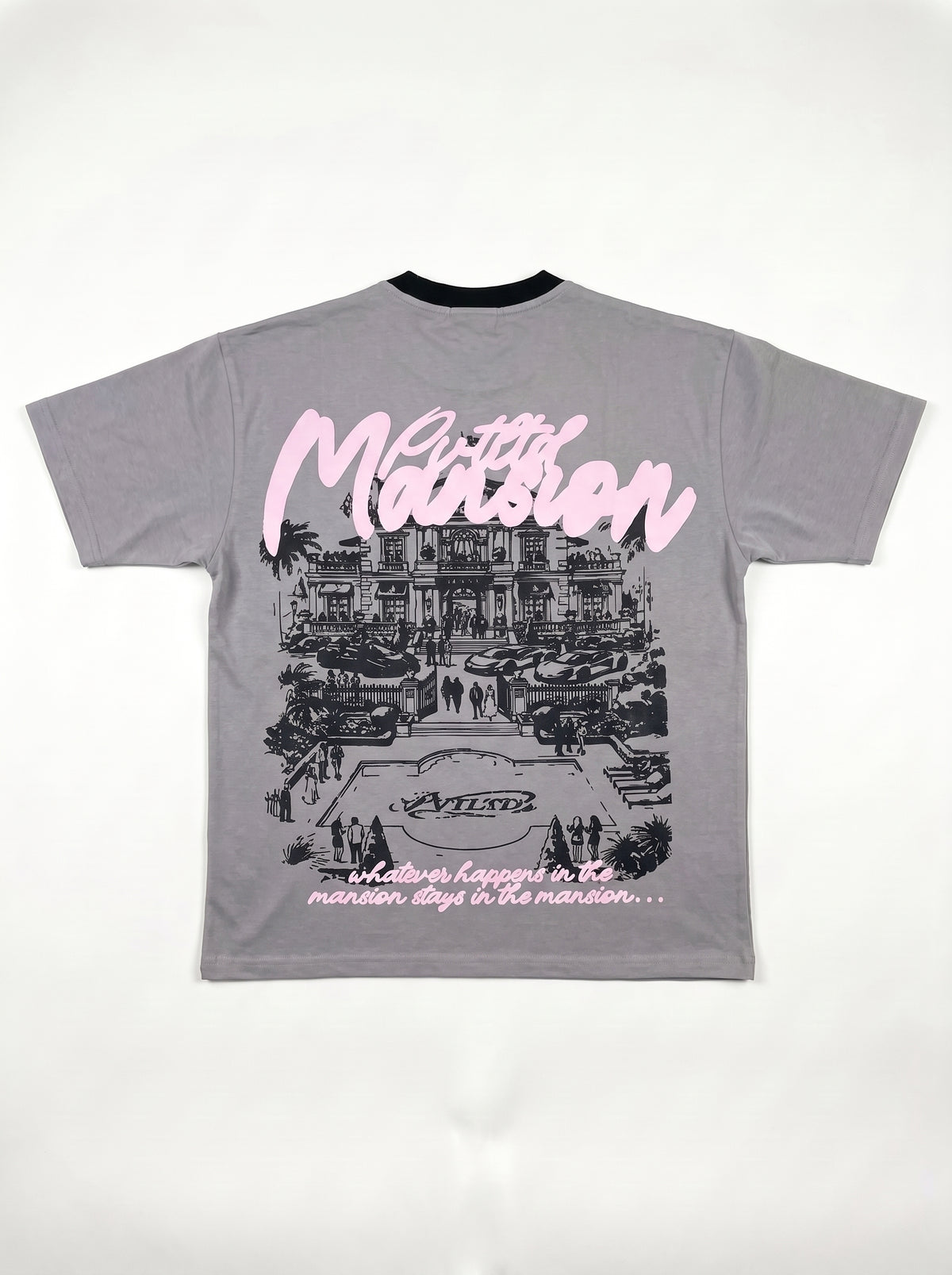 Mansion Tee back flat lay, whatever happens in the mansion stays in the mansion print, PVTLTD*