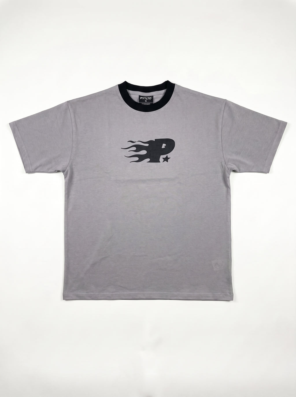 Mansion Tee front flat lay, ice grey body, black ribbed collar and flame-trail P print