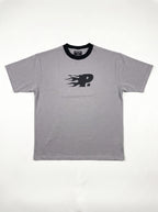 Mansion Tee front flat lay, ice grey body, black ribbed collar and flame-trail P print