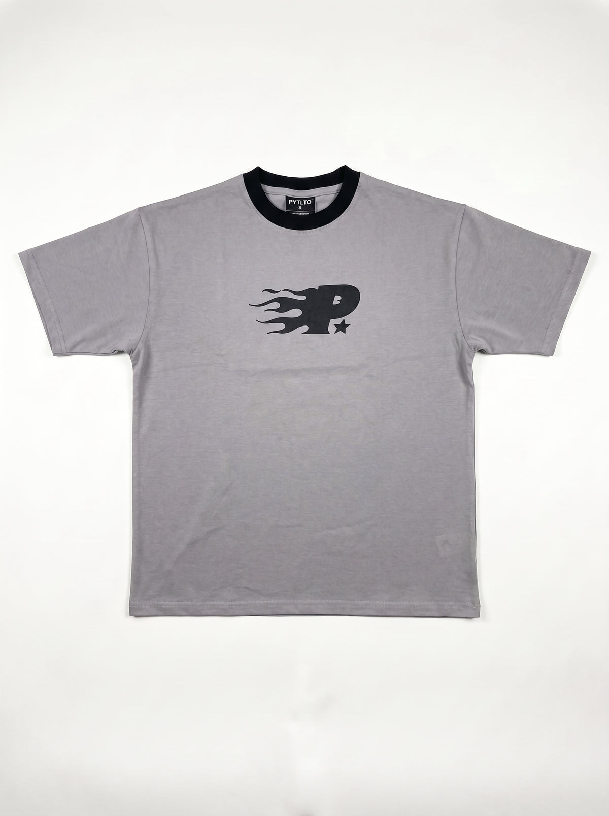 Mansion Tee front flat lay, ice grey body, black ribbed collar and flame-trail P print