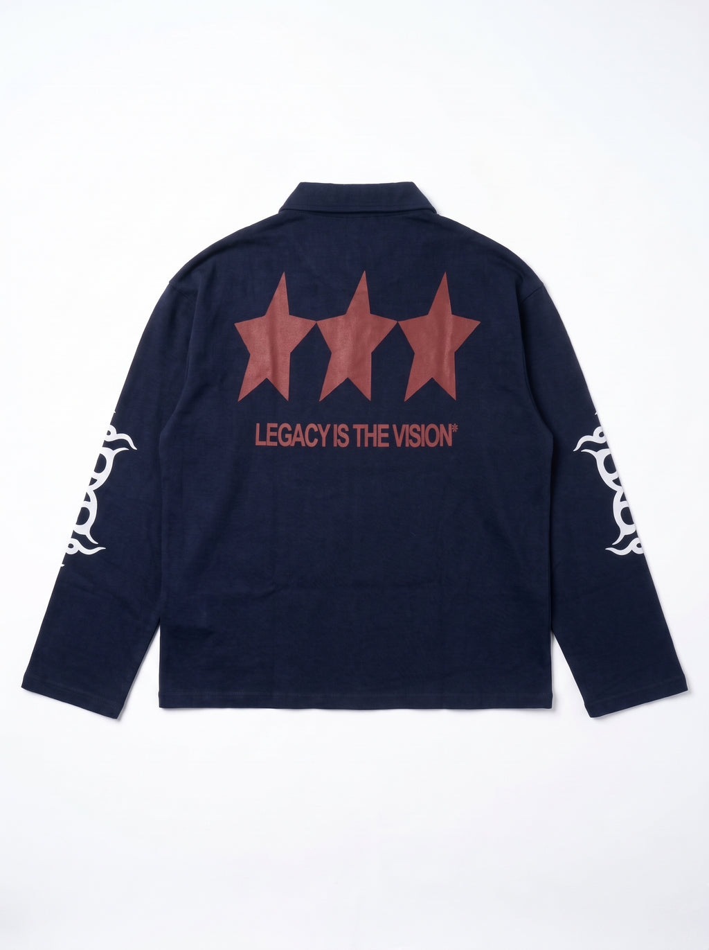 Navy Legacy Polo back flat lay, three red stars over LEGACY IS THE VISION, PVTLTD*