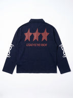 Navy Legacy Polo back flat lay, three red stars over LEGACY IS THE VISION, PVTLTD*