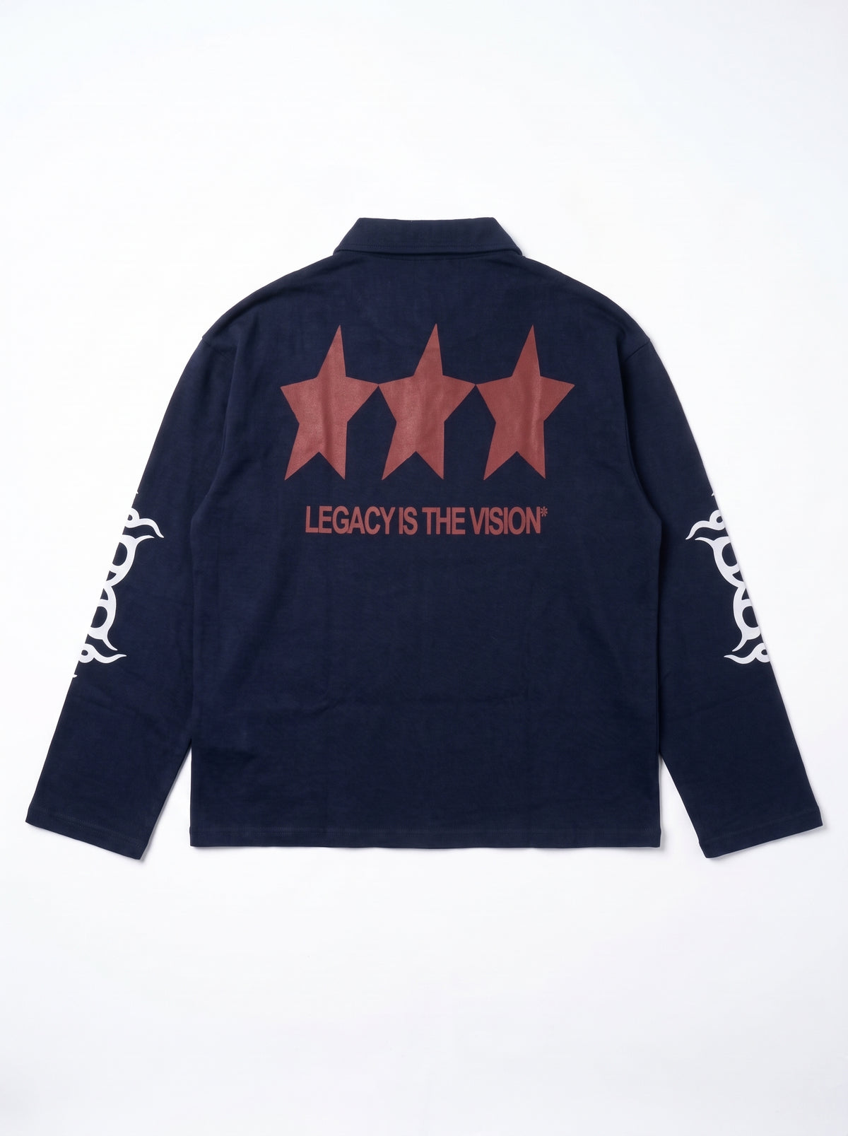 Navy Legacy Polo back flat lay, three red stars over LEGACY IS THE VISION, PVTLTD*