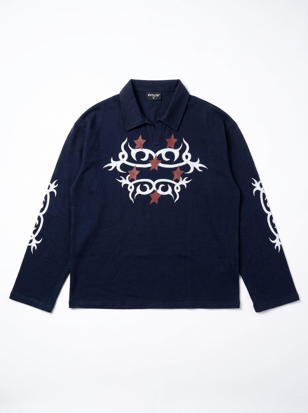 Navy Legacy Polo front flat lay, white tribal print with red stars and open johnny collar, PVTLTD*