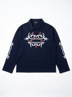 Navy Legacy Polo front flat lay, white tribal print with red stars and open johnny collar, PVTLTD*