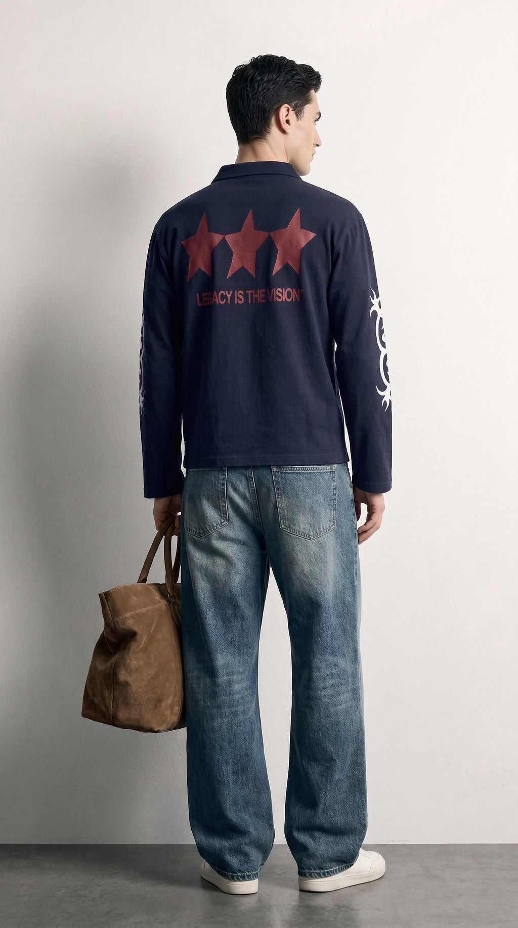 Navy Legacy Polo back on model, three red stars and LEGACY IS THE VISION print, PVTLTD*