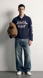 PVTLTD* Navy Legacy Polo, men's boxy navy full sleeve polo, front on model