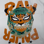 Close-up of the distressed tiger head and raw power lettering, PVTLTD* vest