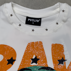 Metal star studs and PVTLTD* neck label on the White Raw Power Vest