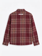 Red Checks Shirt back flat lay, white PVTLTD* print on wine check, PVTLTD*