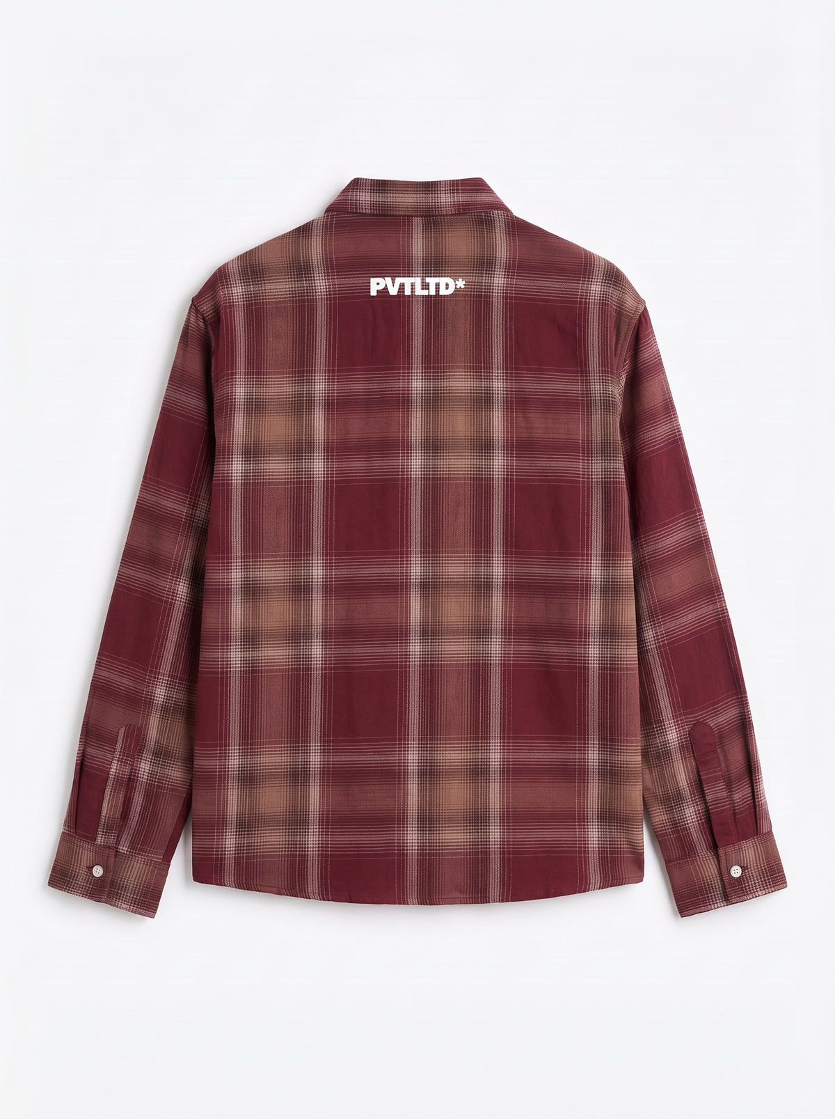 Red Checks Shirt back flat lay, white PVTLTD* print on wine check, PVTLTD*
