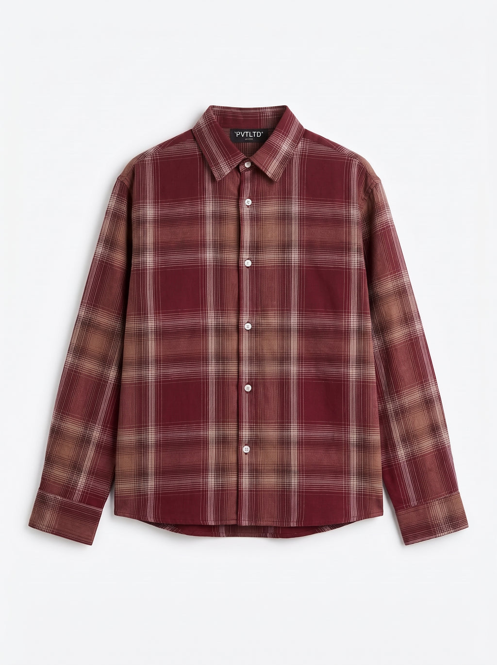 Red Checks Shirt front flat lay, wine and sand check with PVTLTD* neck label