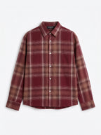 Red Checks Shirt front flat lay, wine and sand check with PVTLTD* neck label
