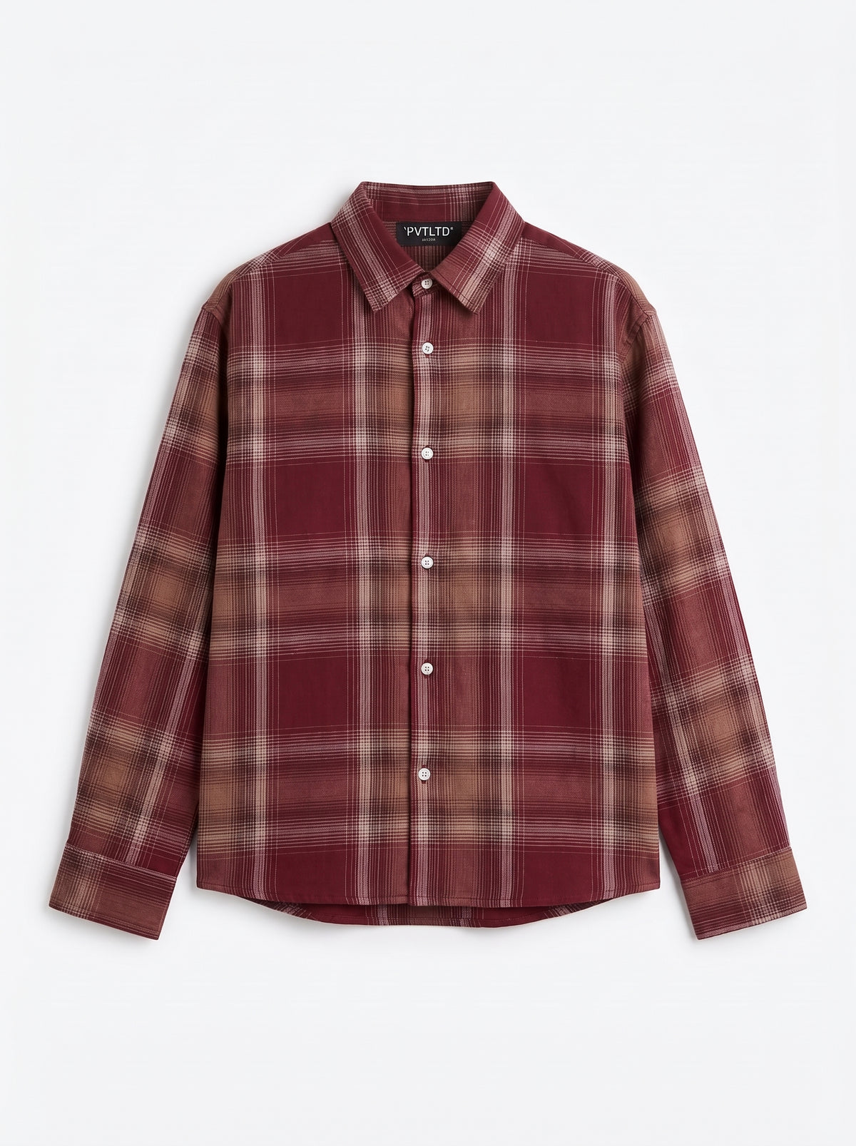 Red Checks Shirt front flat lay, wine and sand check with PVTLTD* neck label