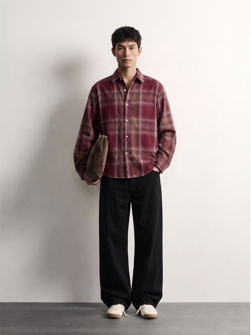 PVTLTD* Red Checks Shirt, men's wine check flannel with chest pocket, front on model