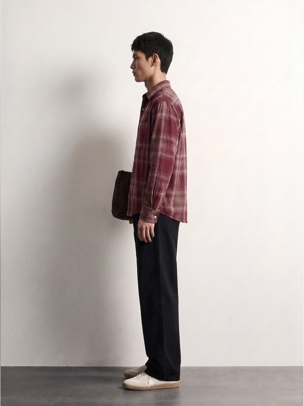 PVTLTD* Red Checks Shirt side view on model, boxy fit with curved hem