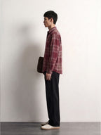 PVTLTD* Red Checks Shirt side view on model, boxy fit with curved hem