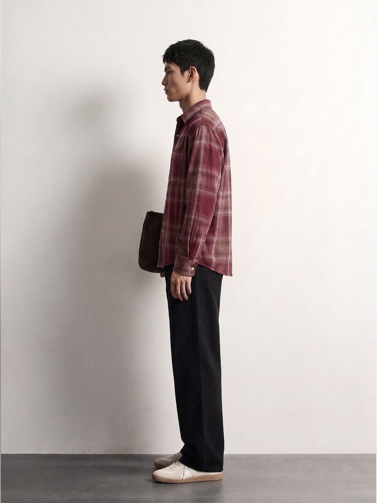 PVTLTD* Red Checks Shirt side view on model, boxy fit with curved hem
