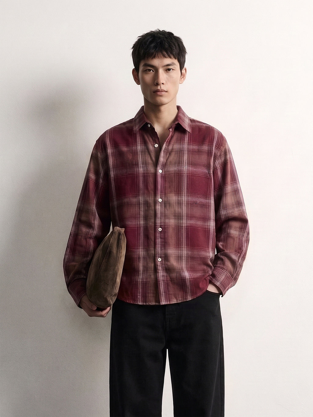PVTLTD* Red Checks Shirt, close-up of the wine and sand check with washed ombre fade