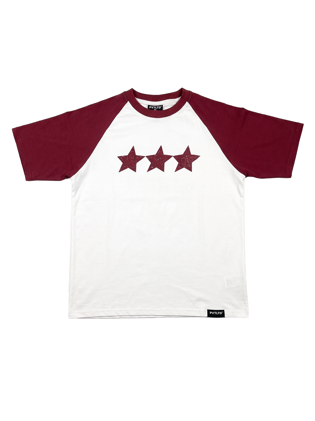 Red Raglan Tee flat lay, burgundy sleeves, PVTLTD* neck label and three-star print