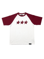 Red Raglan Tee flat lay, burgundy sleeves, PVTLTD* neck label and three-star print