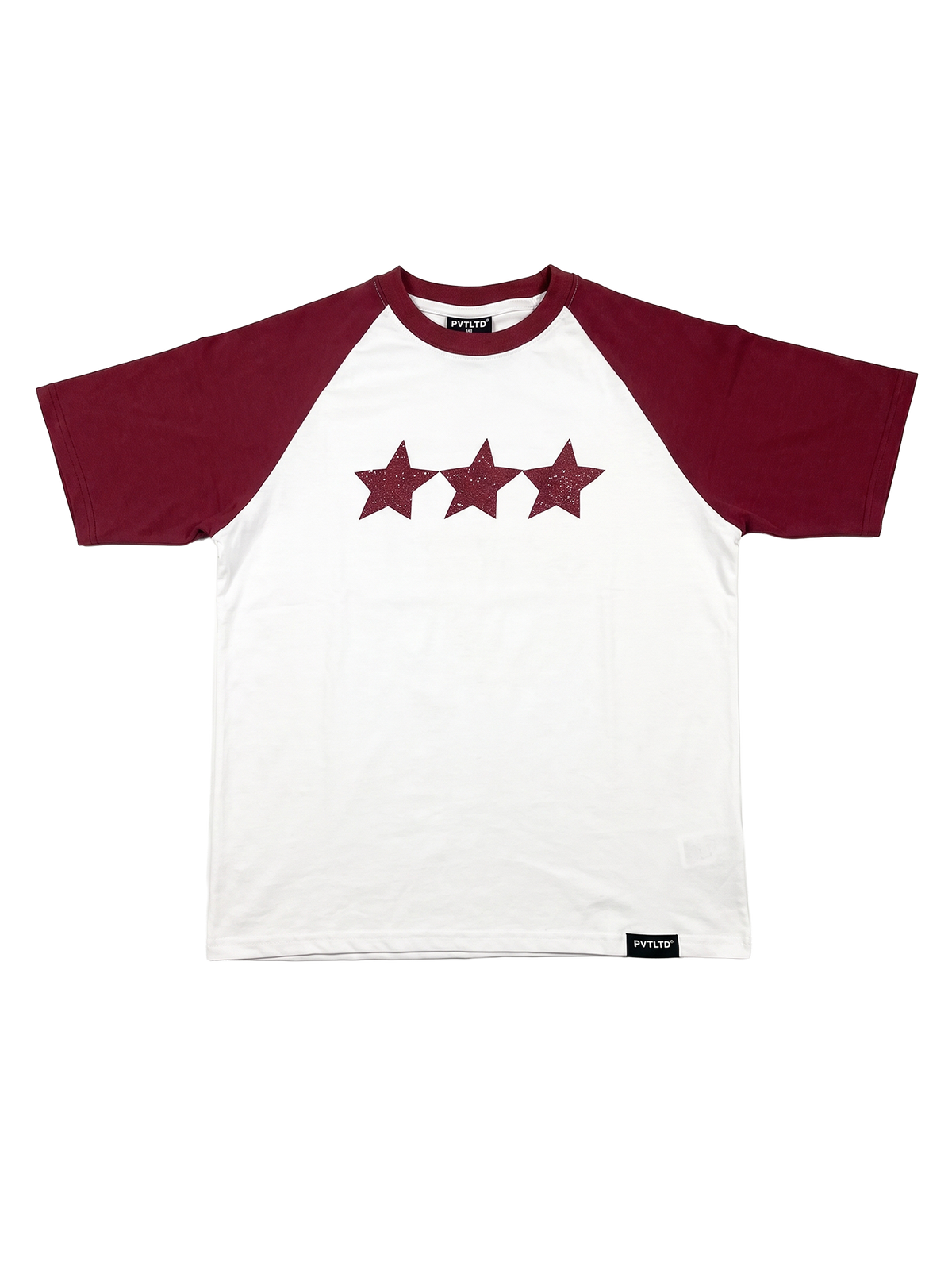 Red Raglan Tee flat lay, burgundy sleeves, PVTLTD* neck label and three-star print