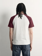 Red Raglan Tee back on model, plain off-white body with burgundy raglan sleeves, PVTLTD*
