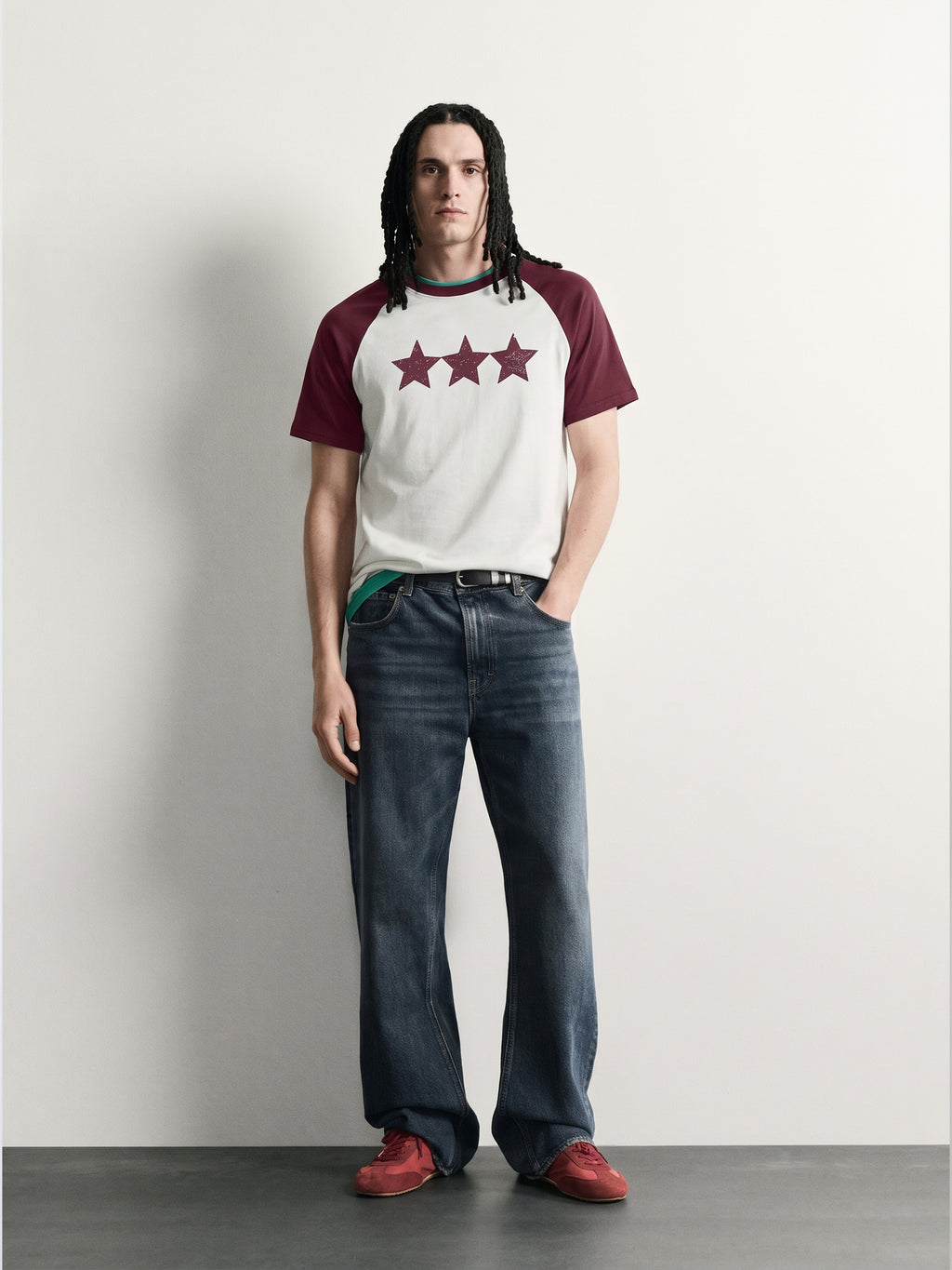 PVTLTD* Red Raglan Tee, men's off-white tee with burgundy raglan sleeves, front on model
