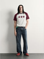 PVTLTD* Red Raglan Tee, men's off-white tee with burgundy raglan sleeves, front on model